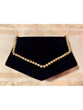 New Black Velvet Envelope Clutch with Gold Crystal Trim